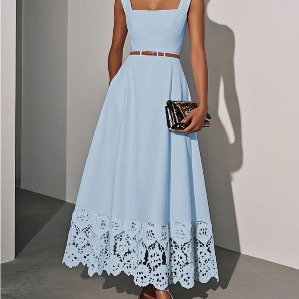 Elegant Blue Lace Hem Dress- Fehaute